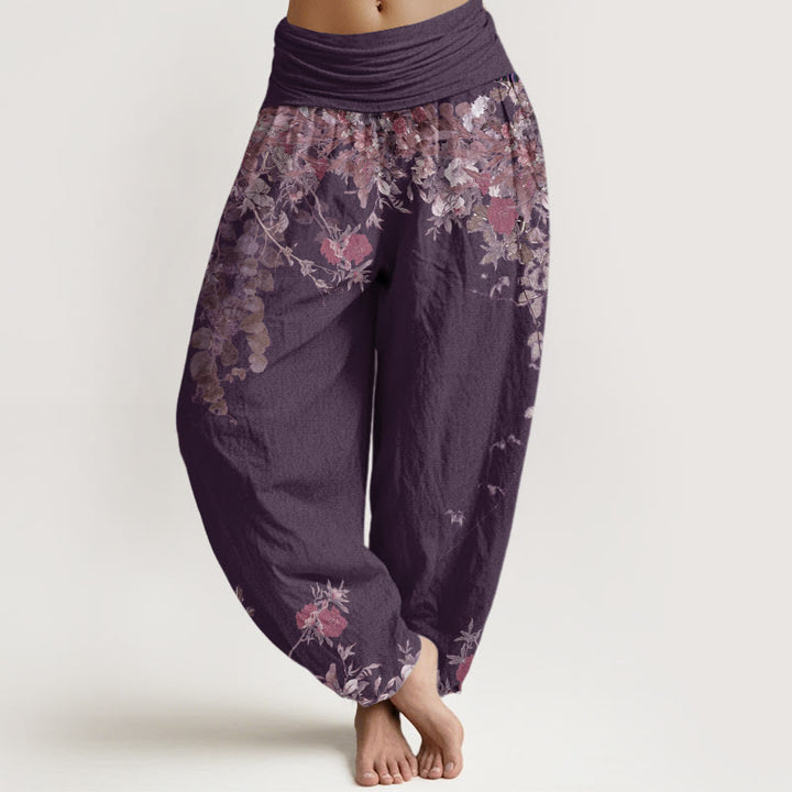 Pantalón tipo harem de cintura elástica para mujer, de algodón, estilo casual, con diseño de peonía roja y enredadera, estampado de Buddha Stones. - Ciruela - US22，UK/AU26，EU54 (6XL) - image 7