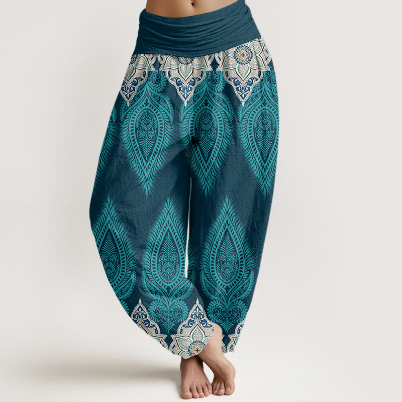 Pantalones harén con cintura elástica para mujer, diseño informal con plumas y flores de Buddha Stones - Turquesa oscuro - US22，UK/AU26，EU54 (6XL) - image 1