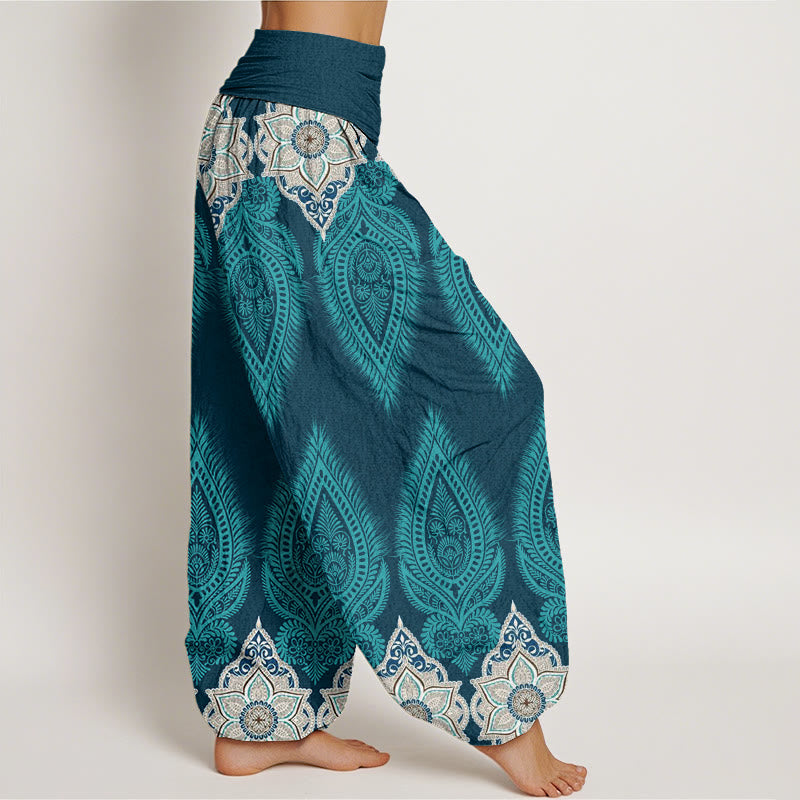 Pantalones bombachos de cintura elástica para mujer, de algodón, con diseño informal de flores y plumas, estampado de Buddha Stones. - image 1