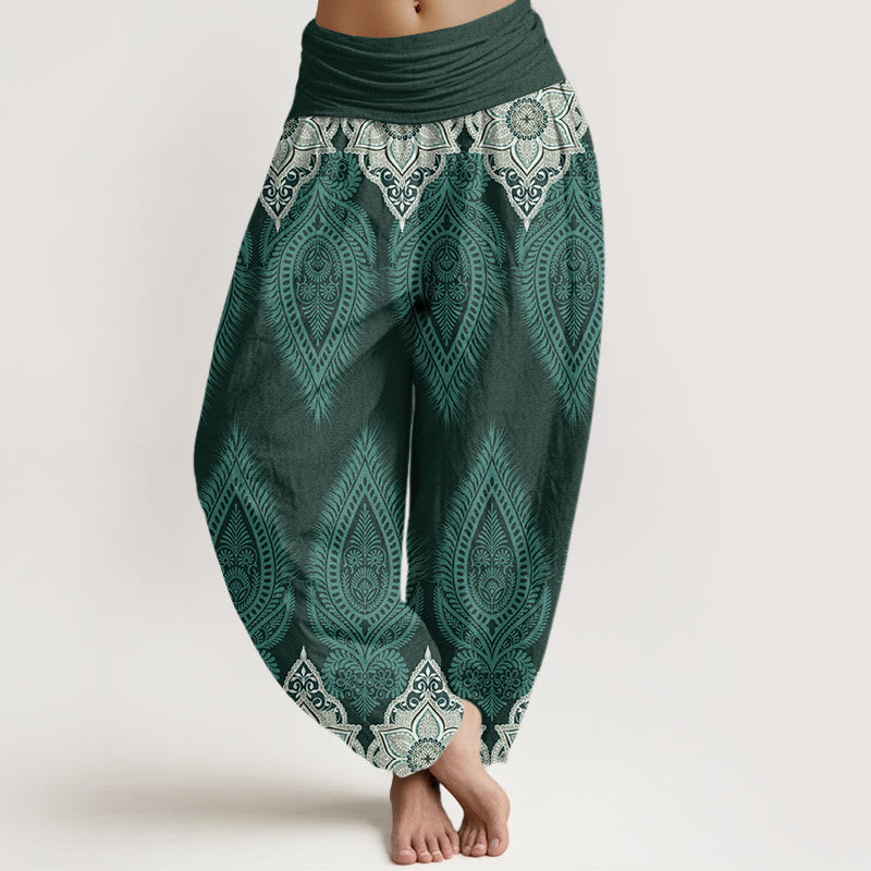 Pantalones harén con cintura elástica para mujer, diseño informal con plumas y flores de Buddha Stones - Cadete Azul - US22，UK/AU26，EU54 (6XL) - image 5