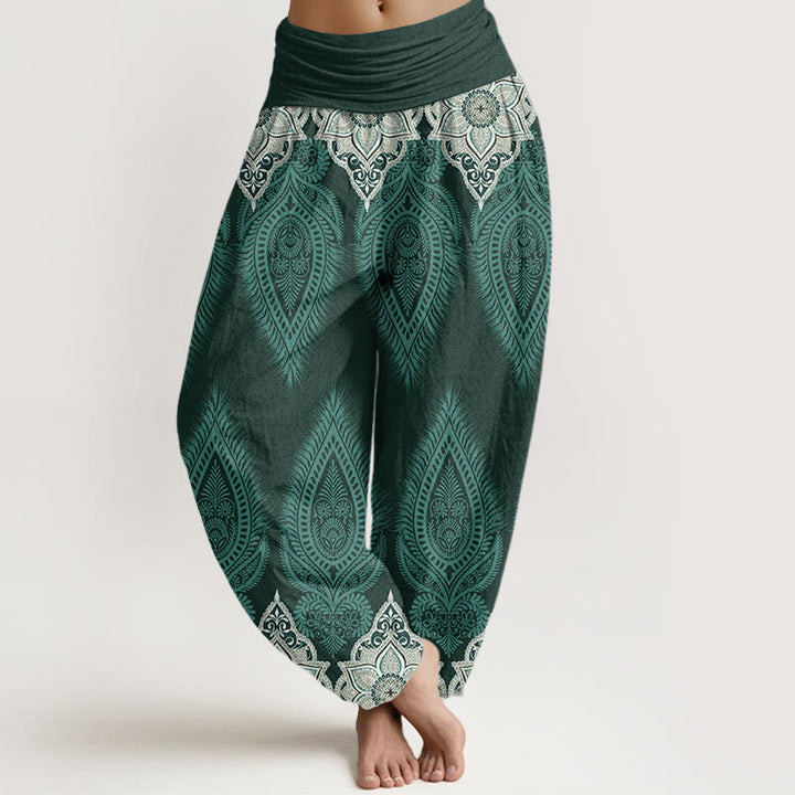Pantalones harén con cintura elástica para mujer, diseño informal con plumas y flores de Buddha Stones - Cadete Azul - US22，UK/AU26，EU54 (6XL) - image 5
