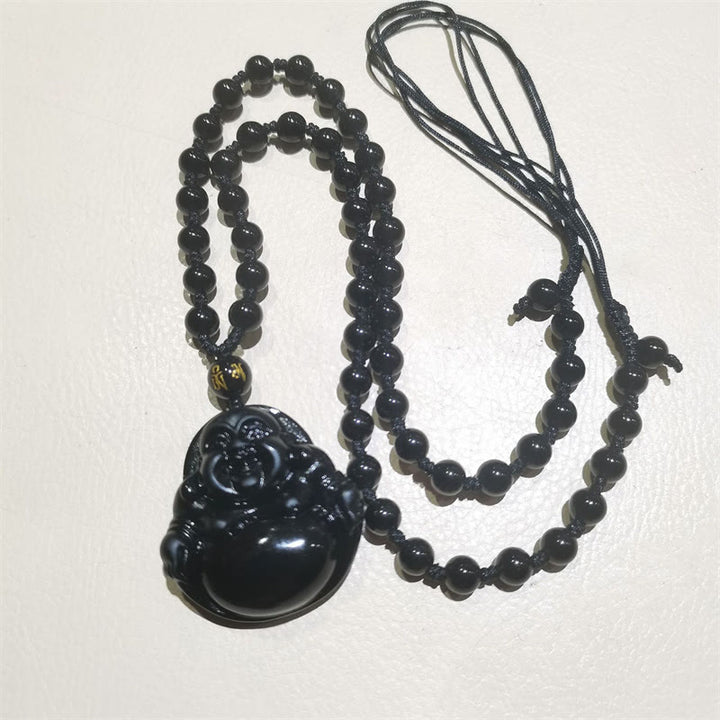Piedras de Buda Obsidiana Negra Natural Hielo Obsidiana Colgante de Purificación de Buda Sonriente