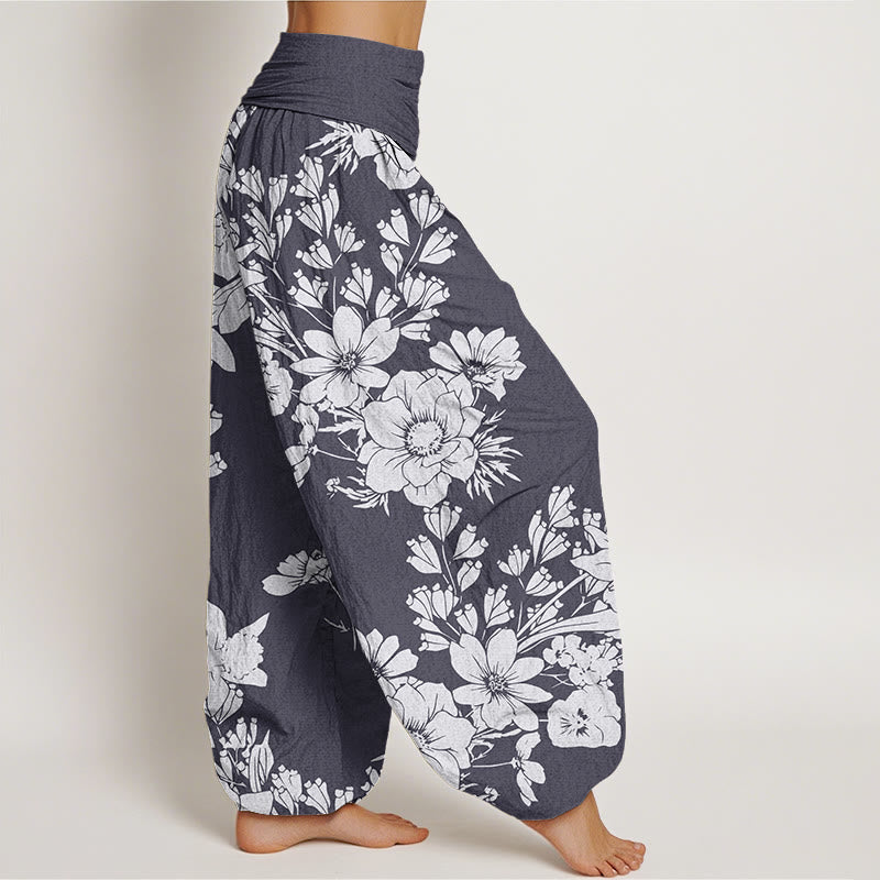 Pantalones harén con cintura elástica para mujer, informales, con diseño de flores de peonía y hojas de Buddha Stones - image 1