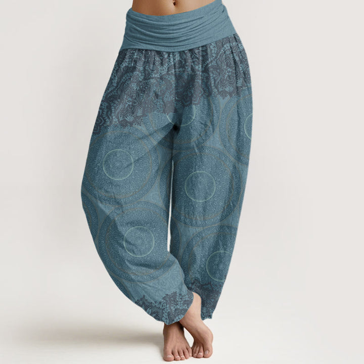 Pantalón tipo harem de cintura elástica para mujer, con estampado de flores, brújula y estampado floral informal de Buddha Stones Cotton. - Celeste - US22，UK/AU26，EU54 (6XL) - image 0
