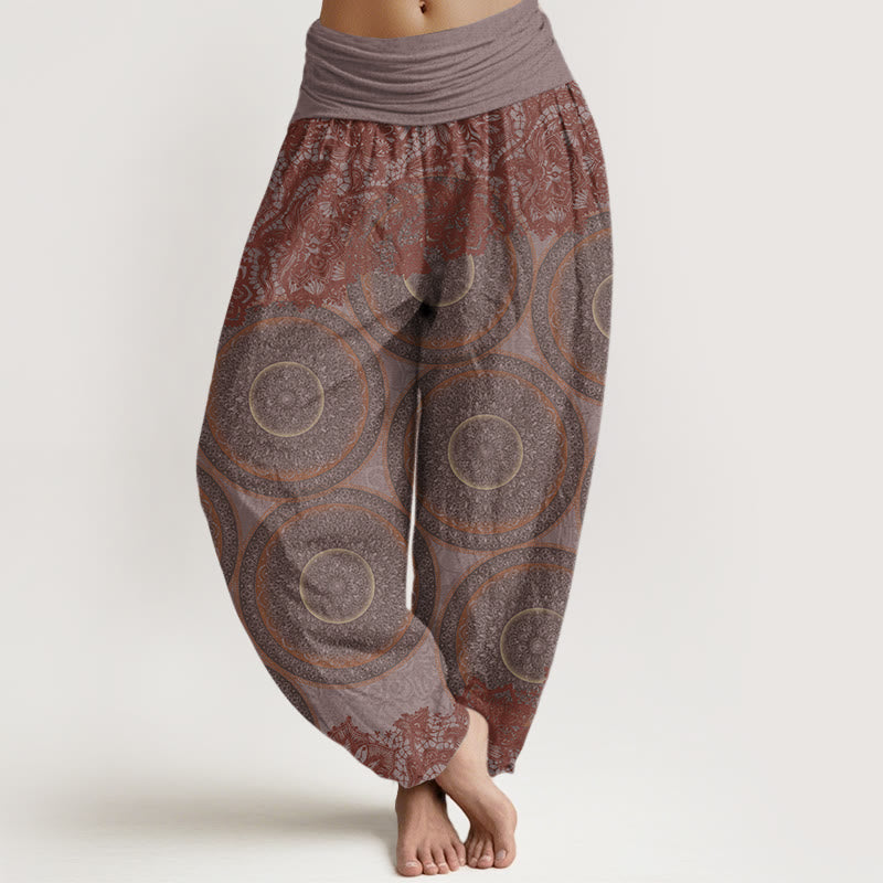 Pantalón tipo harem de cintura elástica para mujer, con estampado de flores, brújula y estampado floral informal de Buddha Stones Cotton. - Marrón rosado - US22，UK/AU26，EU54 (6XL) - image 4