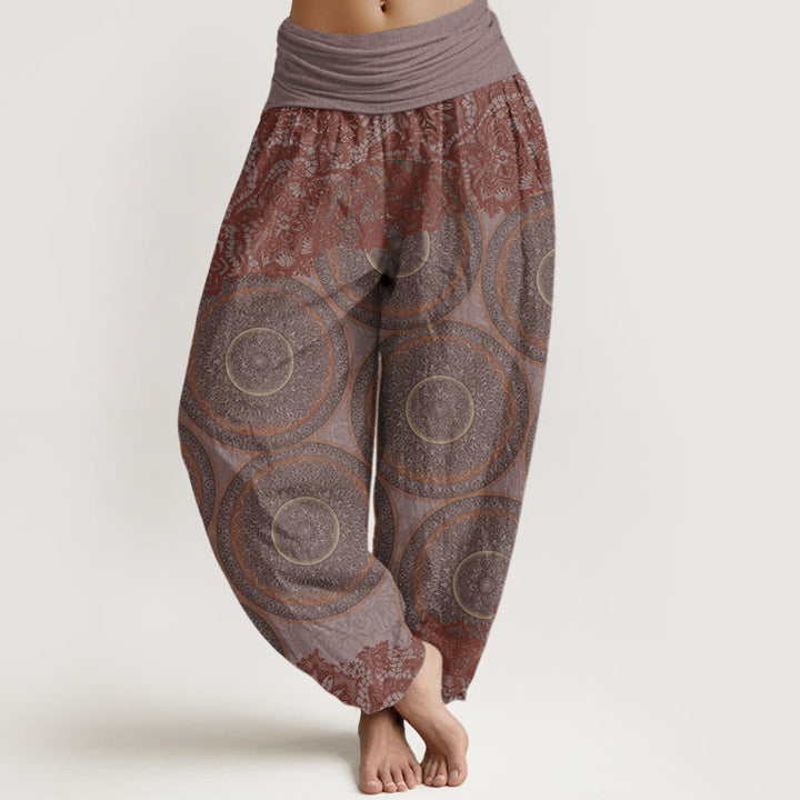 Pantalón tipo harem de cintura elástica para mujer, con estampado de flores, brújula y estampado floral informal de Buddha Stones Cotton. - Marrón rosado - US22，UK/AU26，EU54 (6XL) - image 4