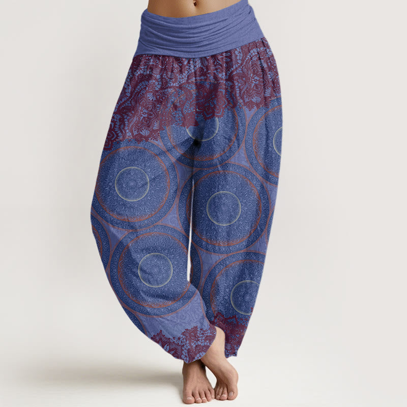 Pantalón tipo harem de cintura elástica para mujer, con estampado de flores, brújula y estampado floral informal de Buddha Stones Cotton. - Azul pizarra medio - US22，UK/AU26，EU54 (6XL) - image 7