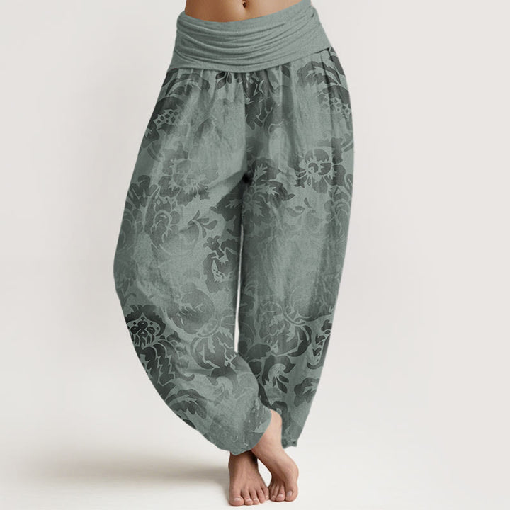 Pantalones harén con cintura elástica para mujer, diseño informal con hojas y flores y piedras de Buddha Stones - Verde mar oscuro - US22，UK/AU26，EU54 (6XL) - image 8