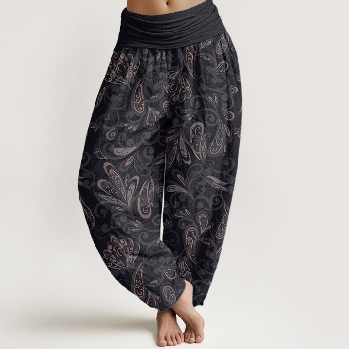 Pantalones bombachos de cintura elástica para mujer, de algodón, con diseño informal de pétalos de flores y Buddha Stones. - Negro - US22，UK/AU26，EU54 (6XL) - image 0