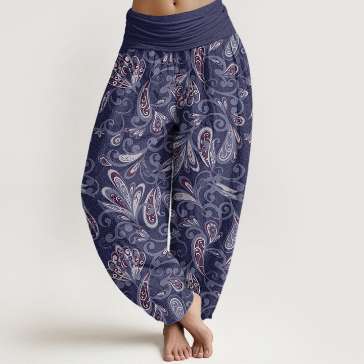 Pantalones harén con cintura elástica para mujer, diseño informal de pétalos de flores y Buddha Stones - Azul pizarra - US22，UK/AU26，EU54 (6XL) - image 4