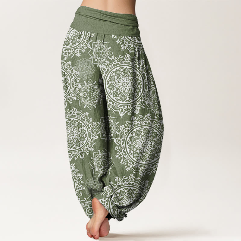 Pantalones harén con cintura elástica para mujer, diseño informal de mandala blanco con piedras de Buddha Stones - image 2