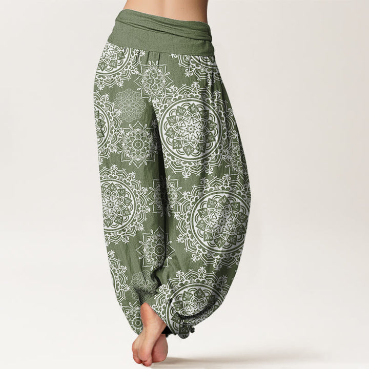 Pantalones harén con cintura elástica para mujer, diseño informal de mandala blanco con piedras de Buddha Stones - image 2