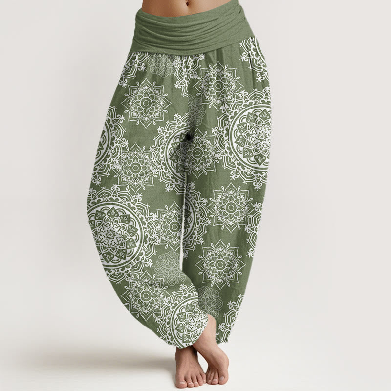 Pantalones harén con cintura elástica para mujer, diseño informal de mandala blanco con piedras de Buddha Stones - Verde mar oscuro - US22，UK/AU26，EU54 (6XL) - image 0