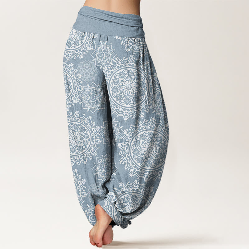Pantalón tipo harem de cintura elástica para mujer, de algodón blanco con diseño de mandala floral y Buddha Stones. - image 6