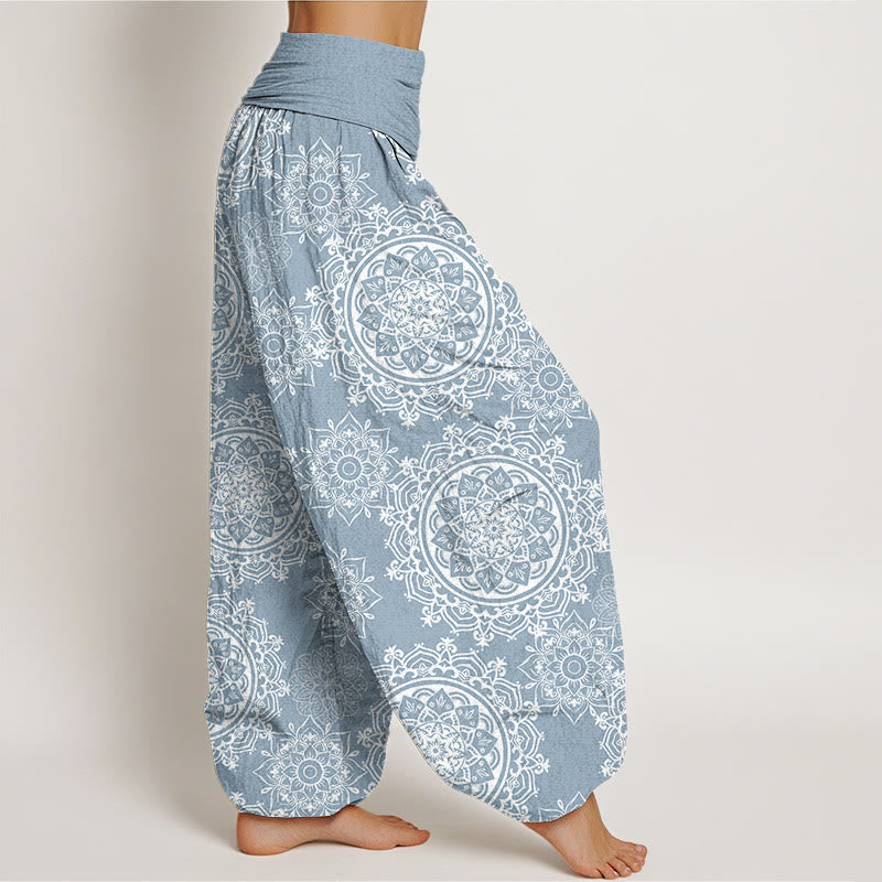 Pantalones harén con cintura elástica para mujer, diseño informal de mandala blanco con piedras de Buddha Stones - image 5