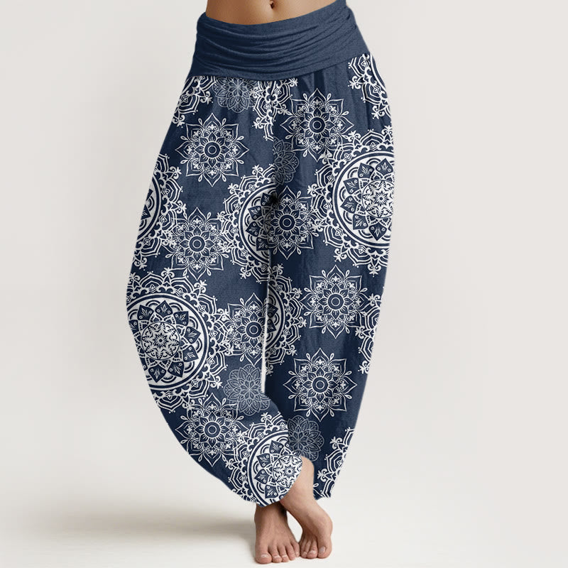 Pantalones harén con cintura elástica para mujer, diseño informal de mandala blanco con piedras de Buddha Stones - Azul acero - US22，UK/AU26，EU54 (6XL) - image 7