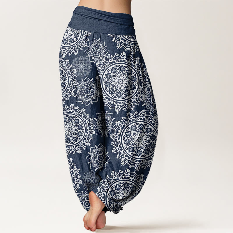 Pantalones harén con cintura elástica para mujer, diseño informal de mandala blanco con piedras de Buddha Stones - image 9