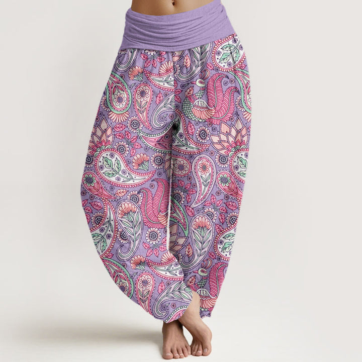 Pantalones harén con cintura elástica para mujer con diseño de flor de anacardo, pavo real y girasol y Buddha Stones - Ciruela - US22，UK/AU26，EU54 (6XL) - image 0