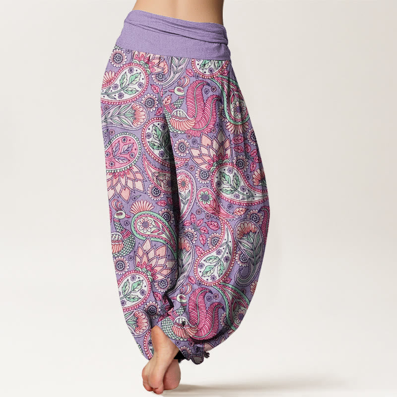 Pantalones harén con cintura elástica para mujer con diseño de flor de anacardo, pavo real y girasol y Buddha Stones - image 2