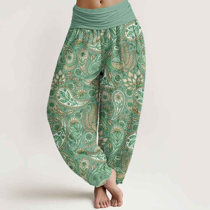 Pantalones harén con cintura elástica para mujer con diseño de flor de anacardo, pavo real y girasol y Buddha Stones - Aguamarina medio - US22，UK/AU26，EU54 (6XL) - image 4