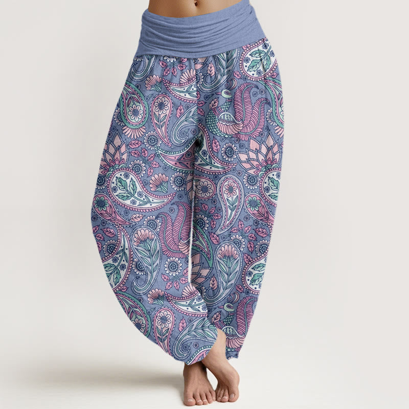 Pantalones harén con cintura elástica para mujer con diseño de flor de anacardo, pavo real y girasol y Buddha Stones - Azul aciano - US22，UK/AU26，EU54 (6XL) - image 7