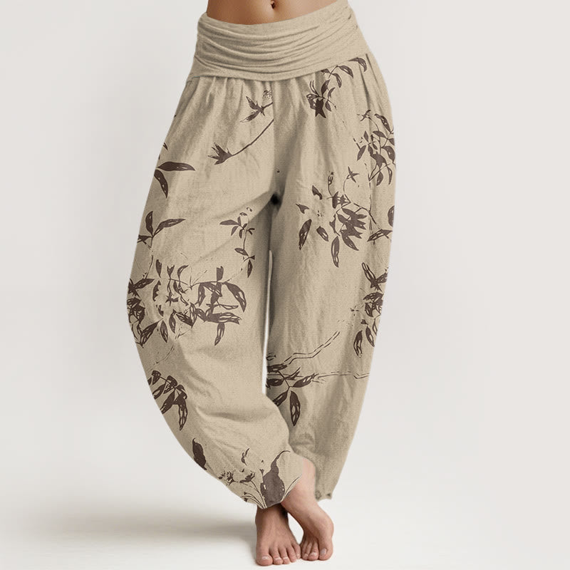 Pantalones harén con cintura elástica para mujer con estampado de ramas de Buddha Stones - Caqui - US22，UK/AU26，EU54 (6XL) - image 0