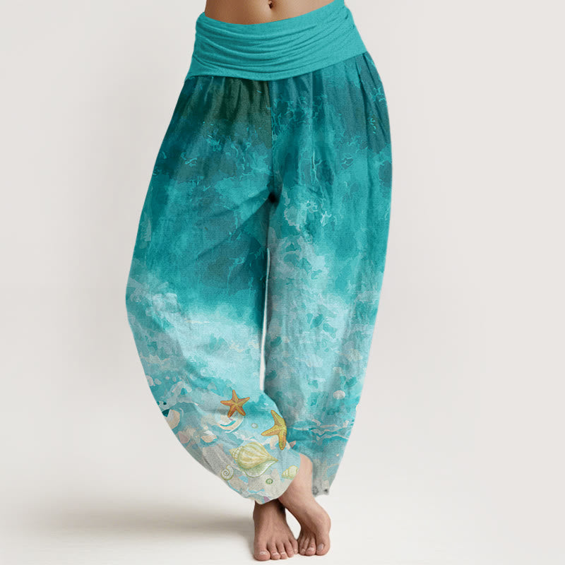 Pantalones bombachos de cintura elástica para mujer con estampado de Buddha Stones y océano infinito, de algodón. - Verde mar claro - US22，UK/AU26，EU54 (6XL) - image 0