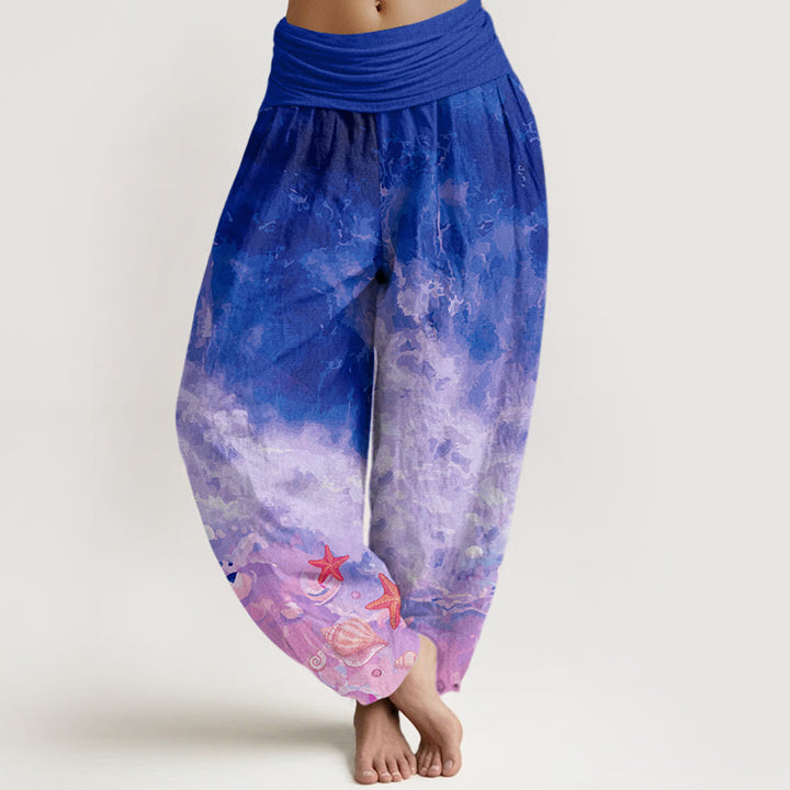 Pantalones bombachos de cintura elástica para mujer con estampado de Buddha Stones y océano infinito, de algodón. - Violeta oscuro - US22，UK/AU26，EU54 (6XL) - image 7