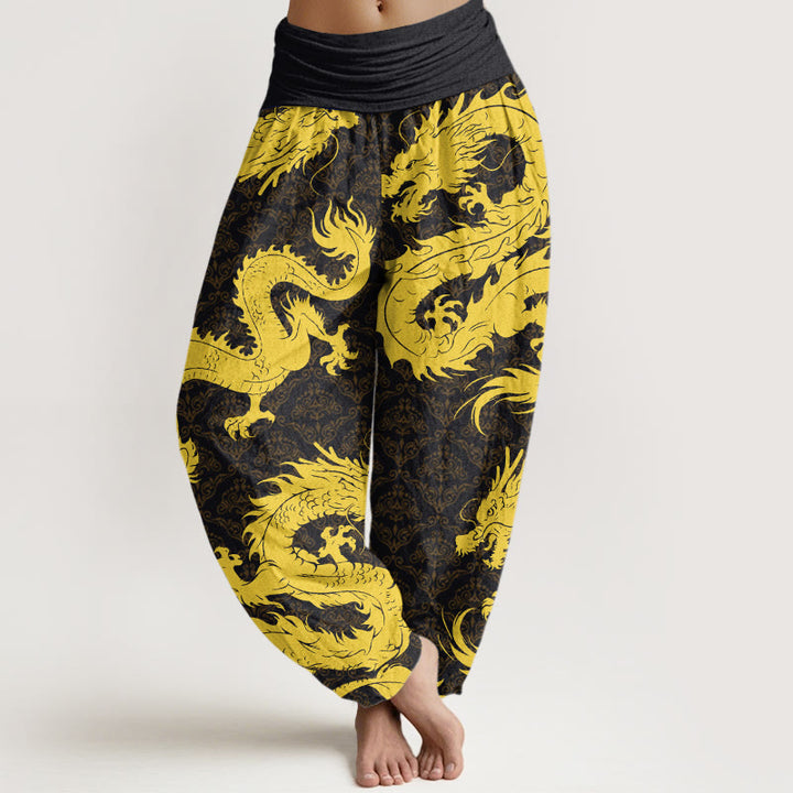 Pantalones harén con cintura elástica para mujer con estampado de dragón y Buddha Stones