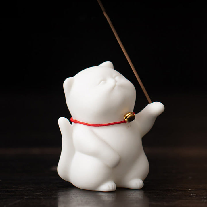 Quemador de incienso de cerámica curativo con estera de bambú y campana de gato con Buddha Stones para decoración de escritorio - image 8