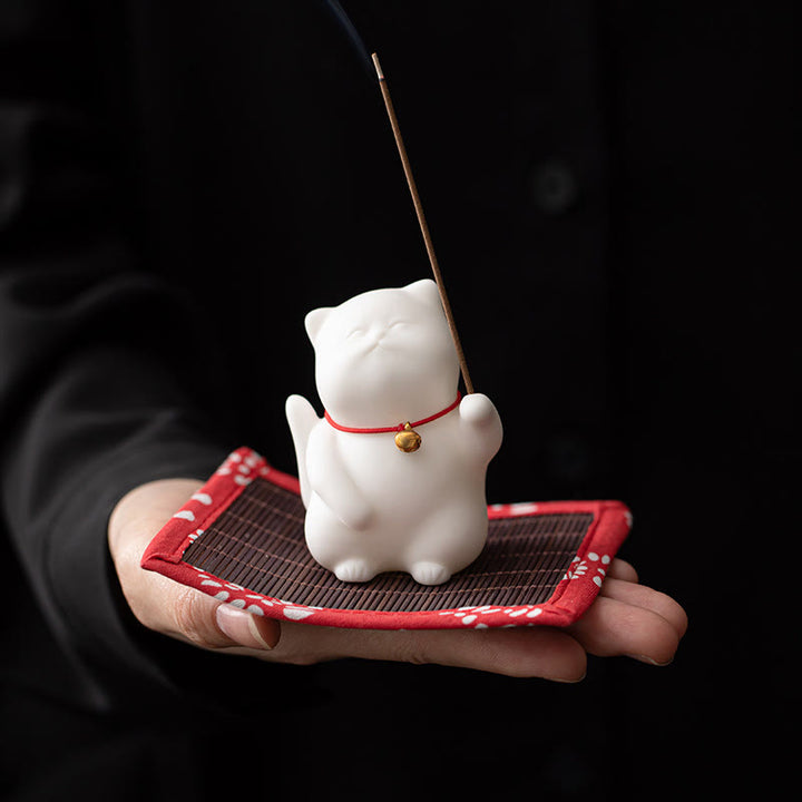 Quemador de incienso de cerámica curativo con estera de bambú y campana de gato con Buddha Stones para decoración de escritorio - image 3