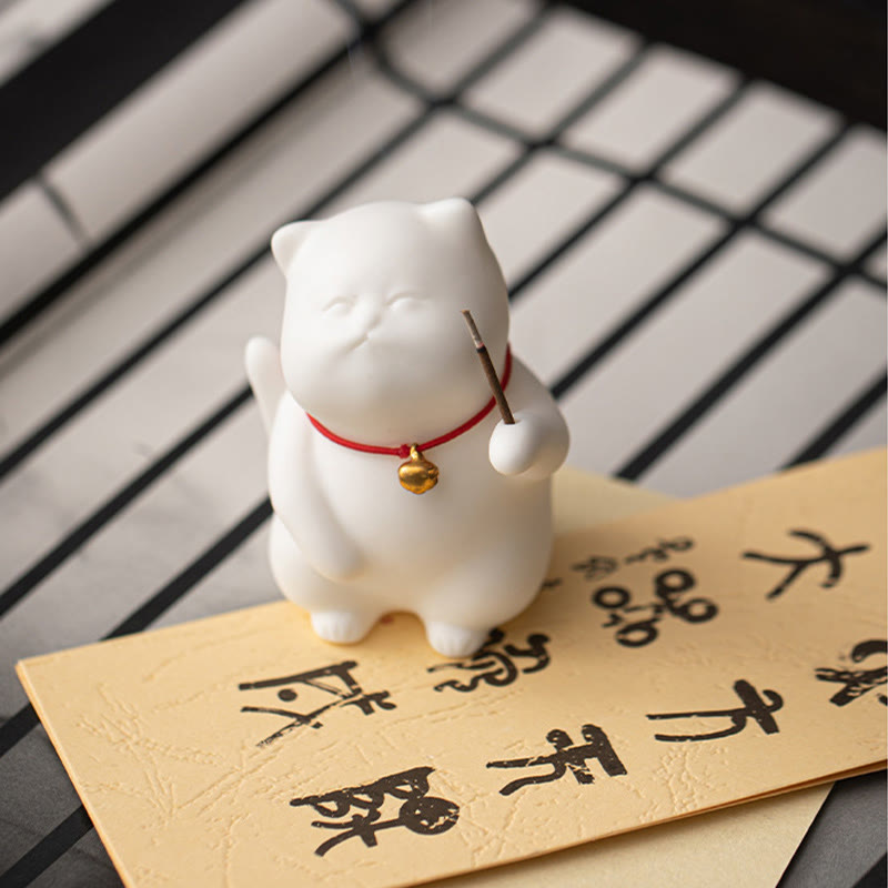 Quemador de incienso de cerámica curativo con estera de bambú y campana de gato con Buddha Stones para decoración de escritorio - image 6