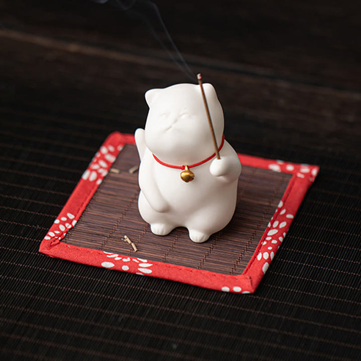 Quemador de incienso de cerámica curativo con estera de bambú y campana de gato con Buddha Stones para decoración de escritorio - image 4