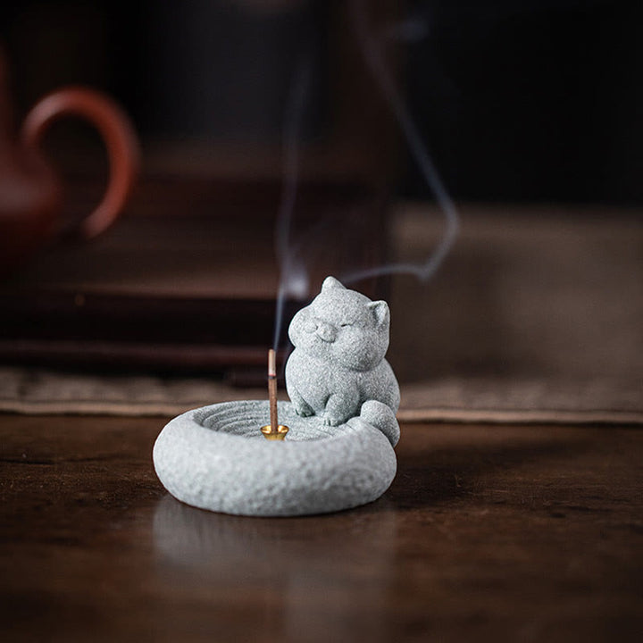 Quemador de incienso curativo con forma de gato de pie perezoso y adorable con Buddha Stones para decoración de escritorio - image 3