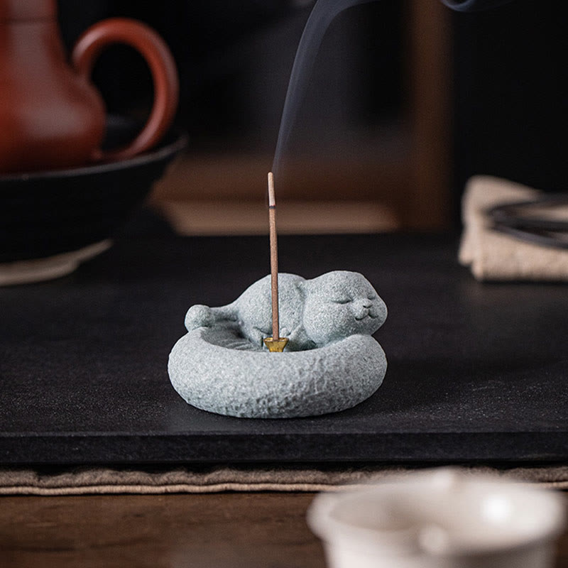 Quemador de incienso curativo con forma de gato de pie perezoso y adorable con Buddha Stones para decoración de escritorio - image 16