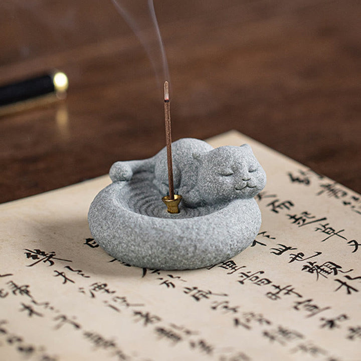 Quemador de incienso curativo con forma de gato de pie perezoso y adorable con Buddha Stones para decoración de escritorio - image 20