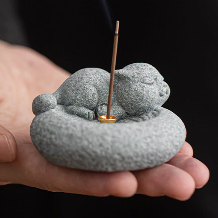 Quemador de incienso curativo con forma de gato de pie perezoso y adorable con Buddha Stones para decoración de escritorio - image 21