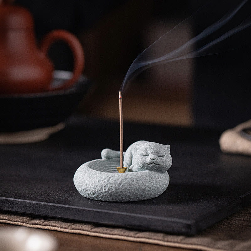 Quemador de incienso curativo con forma de gato de pie perezoso y adorable con Buddha Stones para decoración de escritorio - image 15