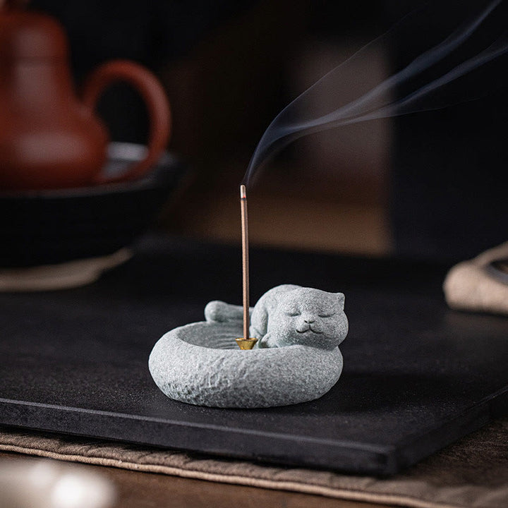 Quemador de incienso curativo con forma de gato de pie perezoso y adorable con Buddha Stones para decoración de escritorio - image 15
