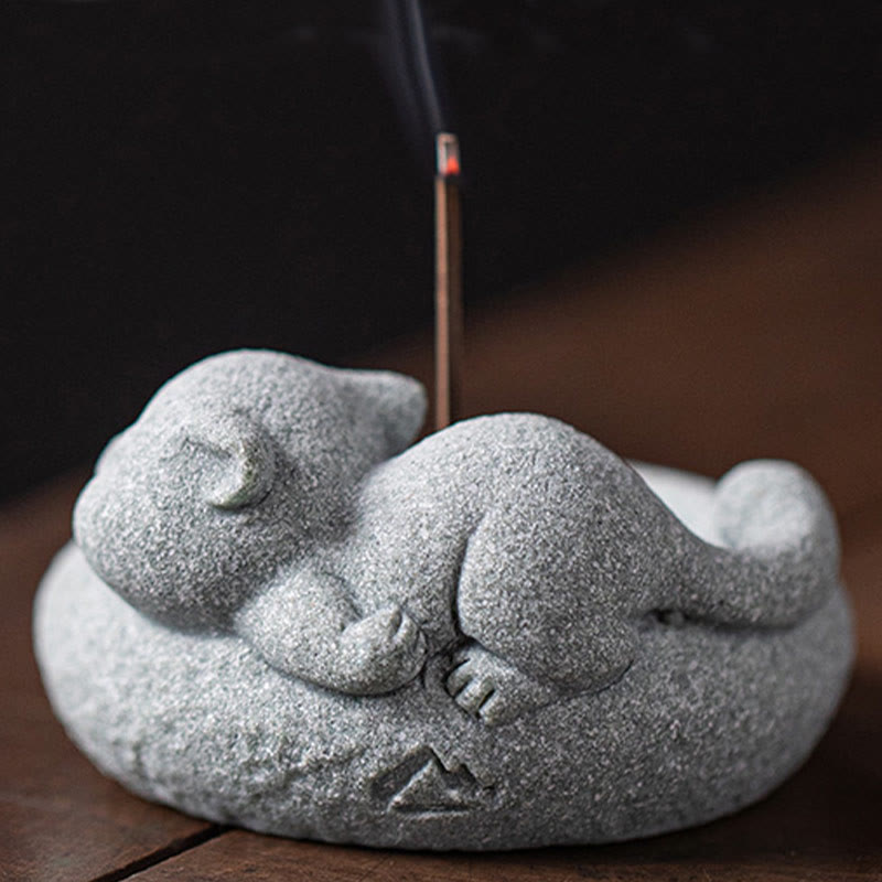 Quemador de incienso curativo con forma de gato de pie perezoso y adorable con Buddha Stones para decoración de escritorio - image 25