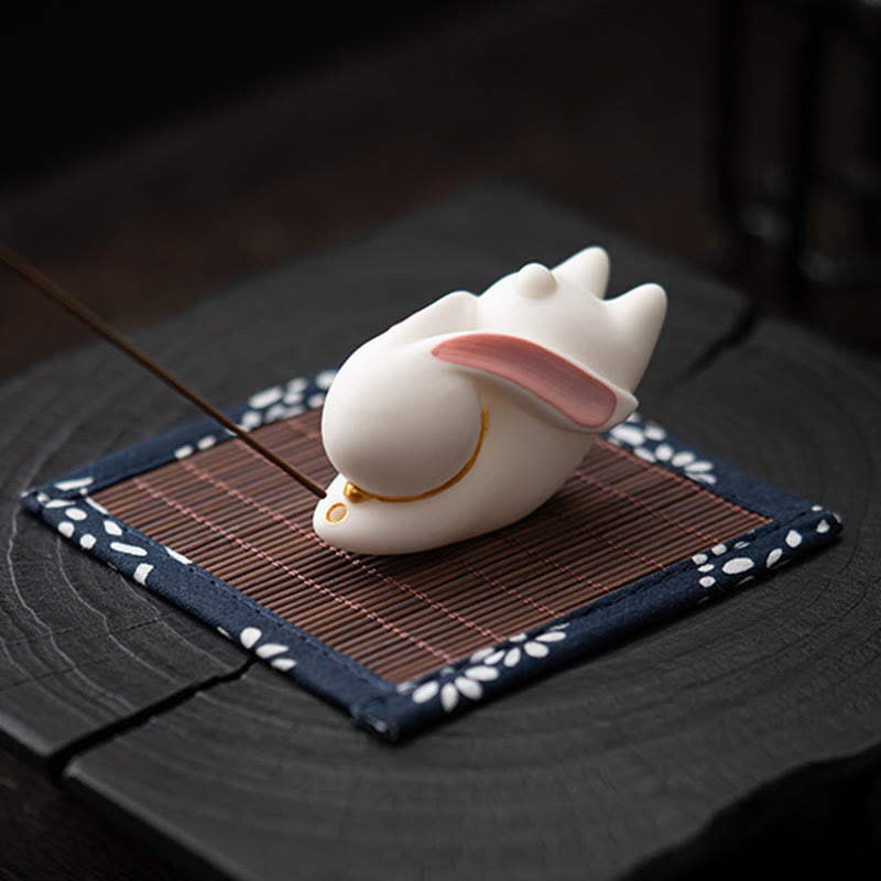 Quemador de incienso de cerámica curativo con forma de conejo volador y Buddha Stones de bambú, decoración de escritorio