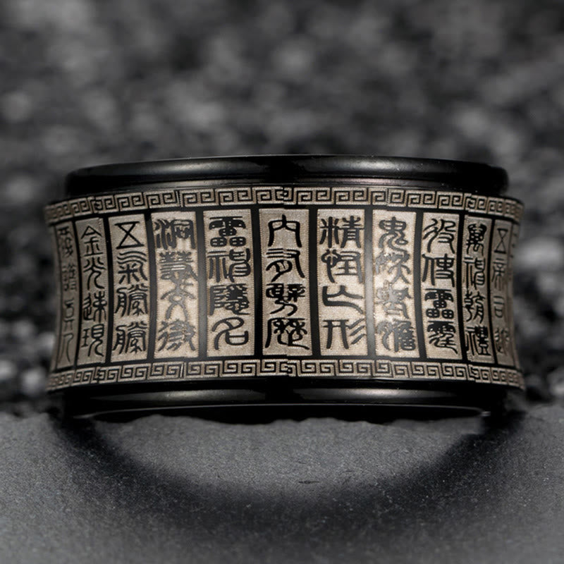 Anillo de equilibrio giratorio de acero y titanio con escritura de sello tibetano y mantra de luz dorada con Buddha Stones