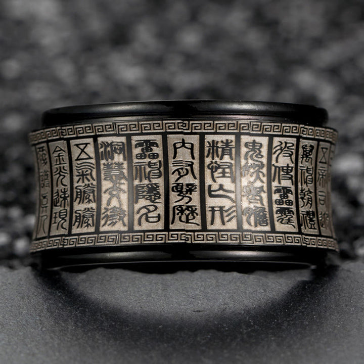 Anillo de equilibrio giratorio de acero y titanio con escritura de sello tibetano y mantra de luz dorada con Buddha Stones