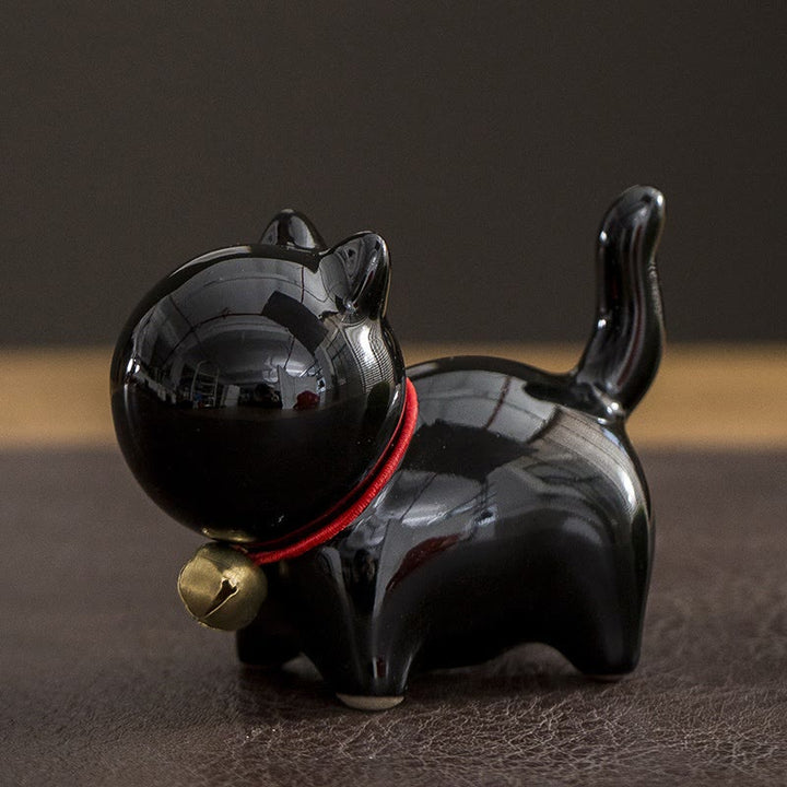 Figura decorativa de cerámica para escritorio del hogar con forma de gato y campana de la suerte en Buddha Stones - Gato de la suerte negro 7*3,4*5,8 cm - image 11