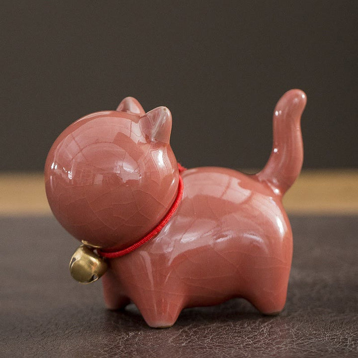 Figura decorativa de cerámica para escritorio del hogar con forma de gato y campana de la suerte en Buddha Stones - Gato de la suerte rosa 7*3,4*5,8 cm - image 7