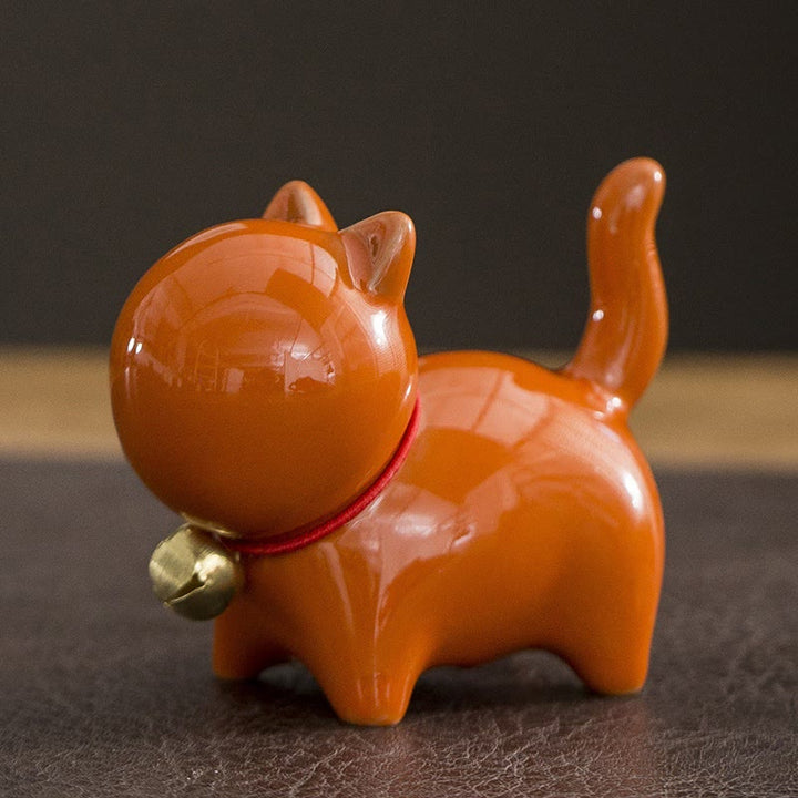 Figura decorativa de cerámica para escritorio del hogar con forma de gato y campana de la suerte en Buddha Stones - Gato de la suerte naranja 7*3,4*5,8 cm - image 10