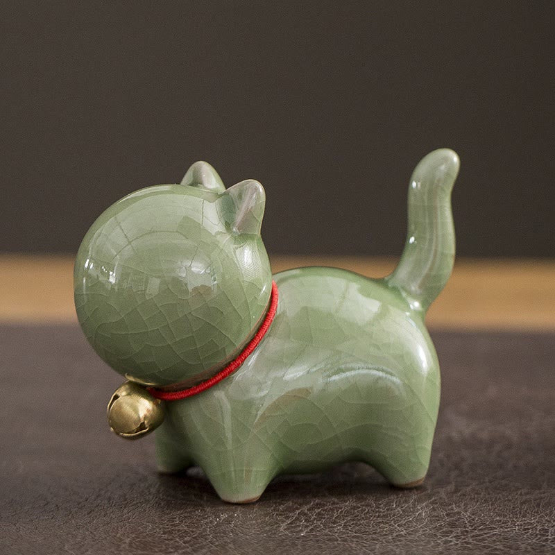 Figura decorativa de cerámica para escritorio del hogar con forma de gato y campana de la suerte en Buddha Stones - Gato de la suerte verde 7*3,4*5,8 cm - image 2