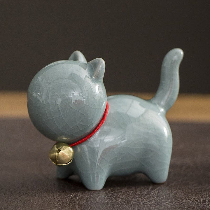 Figura decorativa de cerámica para escritorio del hogar con forma de gato y campana de la suerte en Buddha Stones - Gato de la suerte gris 7*3,4*5,8 cm - image 12
