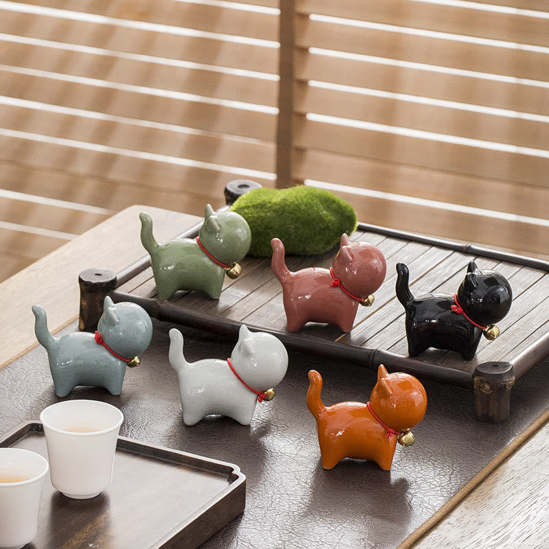 Figura decorativa de cerámica para escritorio del hogar con forma de gato y campana de la suerte en Buddha Stones - image 2
