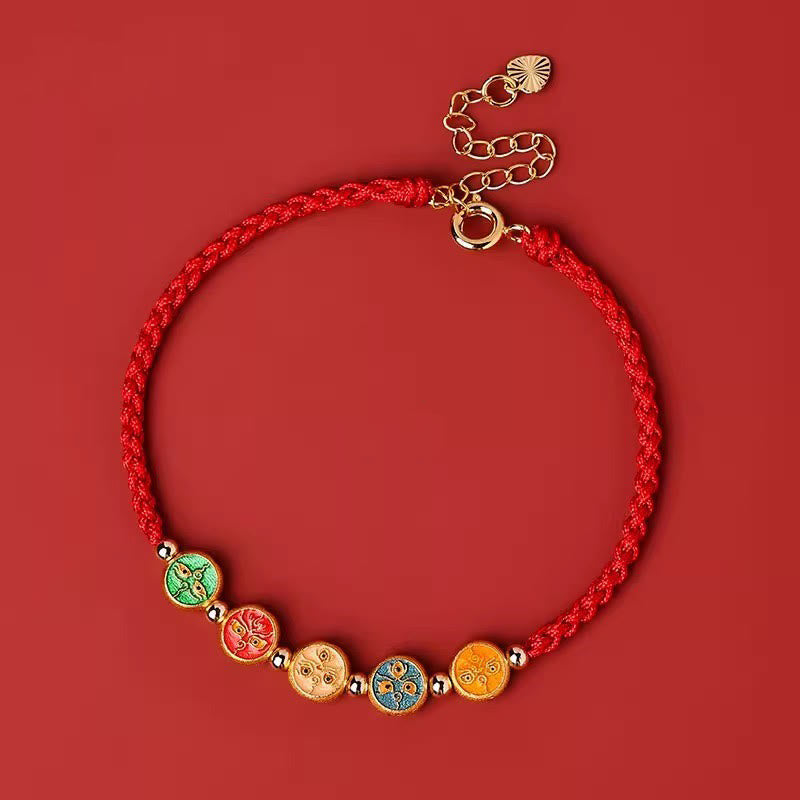 Pulsera de plata de ley 925 con cinco formas de conexión con el dios de la riqueza y Buddha Stones con hilo rojo - Cuerda roja (circunferencia de la muñeca: 13-18 cm) - image 0